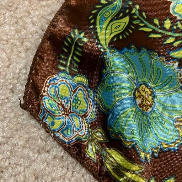 Brown and blue green floral satin square scarf neckerchief, bohemian boho chic - Picture 4 of 9